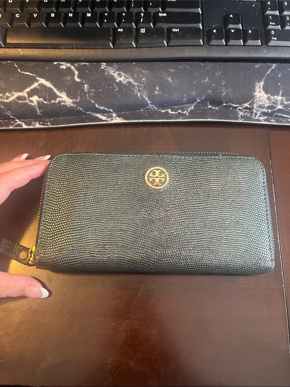 Tory Burch Metallic Dark Green Lizard Embossed continental wallet